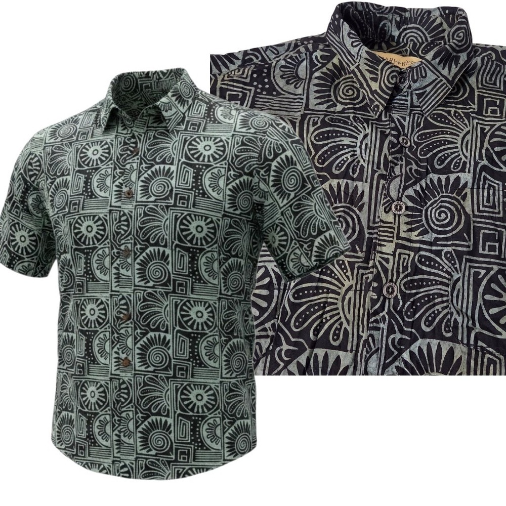Johari West Button Up Shirt Mens XLT Black Green Batik Tribal Aztec Hawaiian